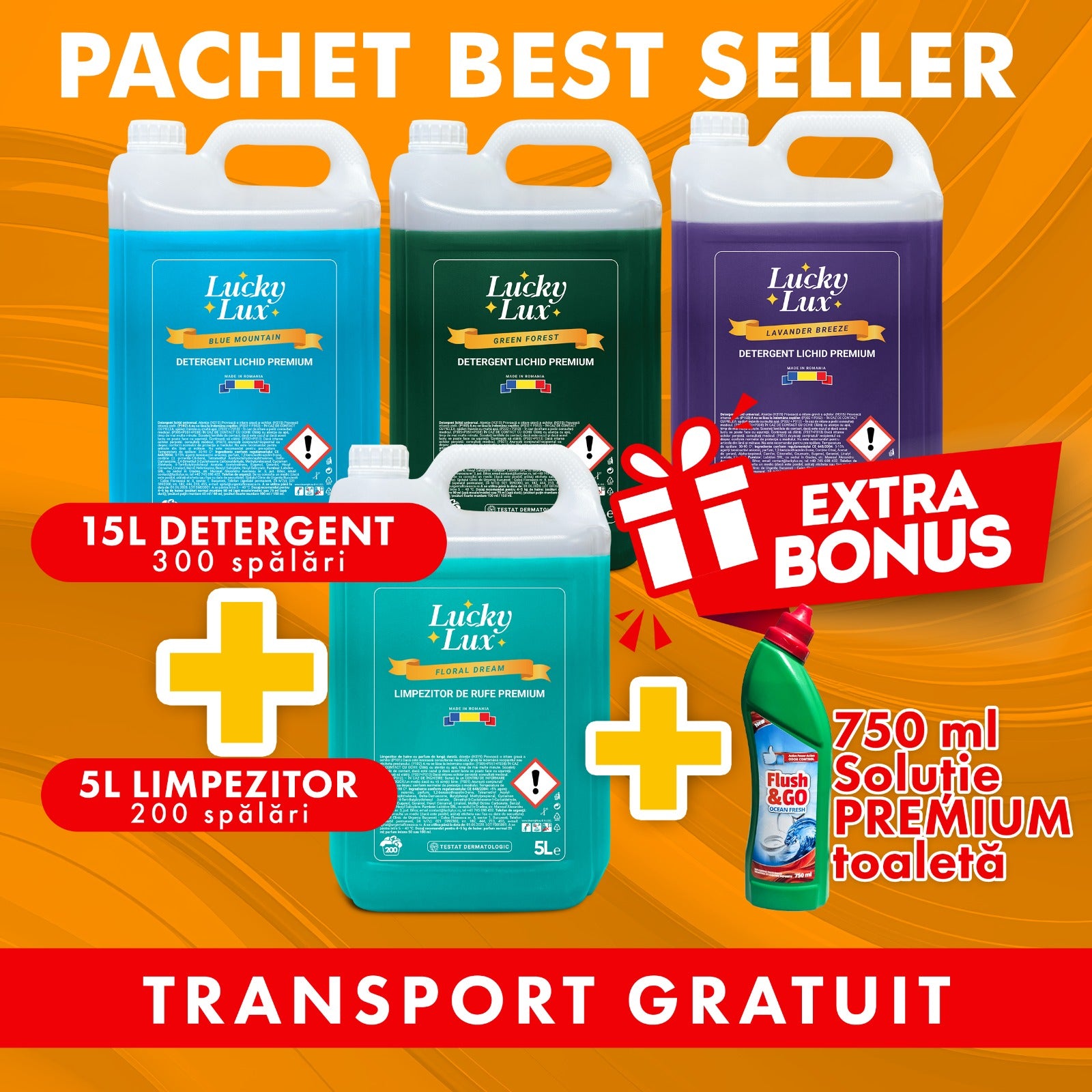 Pachet BEST SELLER 3x5L Detergent + 1x5L Limpezitor + Bonus Gratuit - Flush&GO!